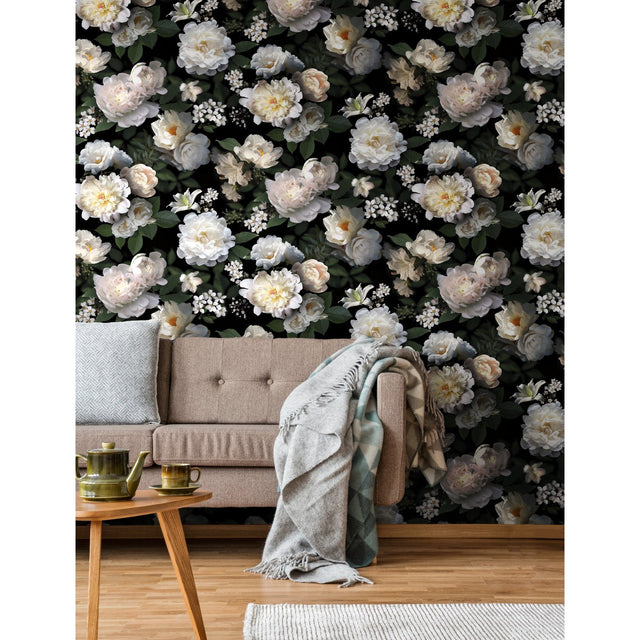 Photographic Floral Black Peel & Stick Vinyl Wall Mural with Botanical Flower Pattern - York RMK11239M