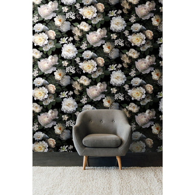 Photographic Floral Black Peel & Stick Vinyl Wall Mural with Botanical Flower Pattern - York RMK11239M