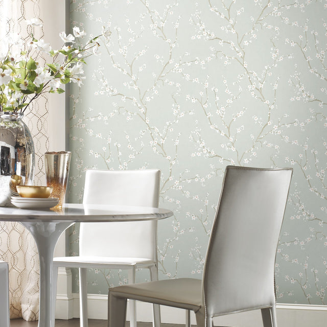 Cherry Blossom Blue Peel & Stick Wallpaper with Botanical Floral Pattern - York RMK11272WP
