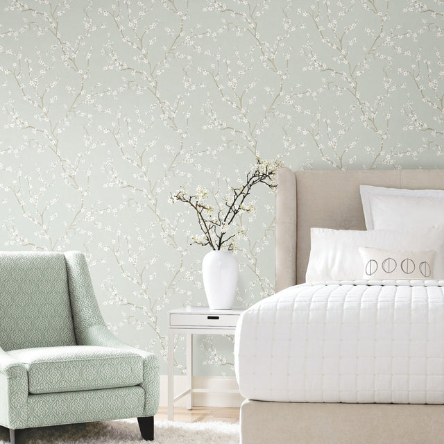 Cherry Blossom Blue Peel & Stick Wallpaper with Botanical Floral Pattern - York RMK11272WP