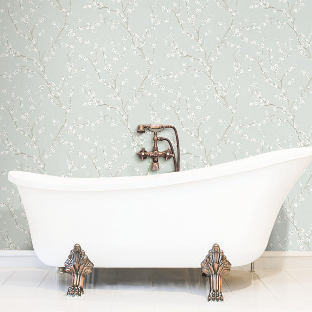 Cherry Blossom Blue Peel & Stick Wallpaper with Botanical Floral Pattern - York RMK11272WP