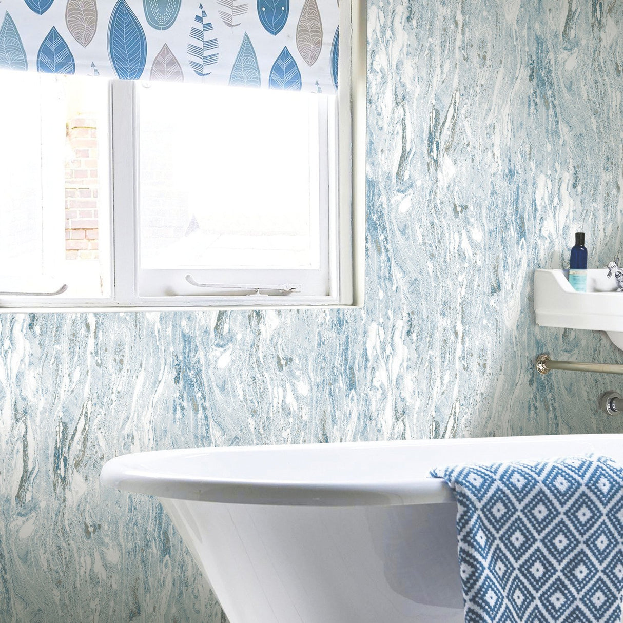 Marble Seas Blue Peel & Stick Wallpaper with Metallic Accents, Abstract Texture Pattern, Modern - York RMK11279WP