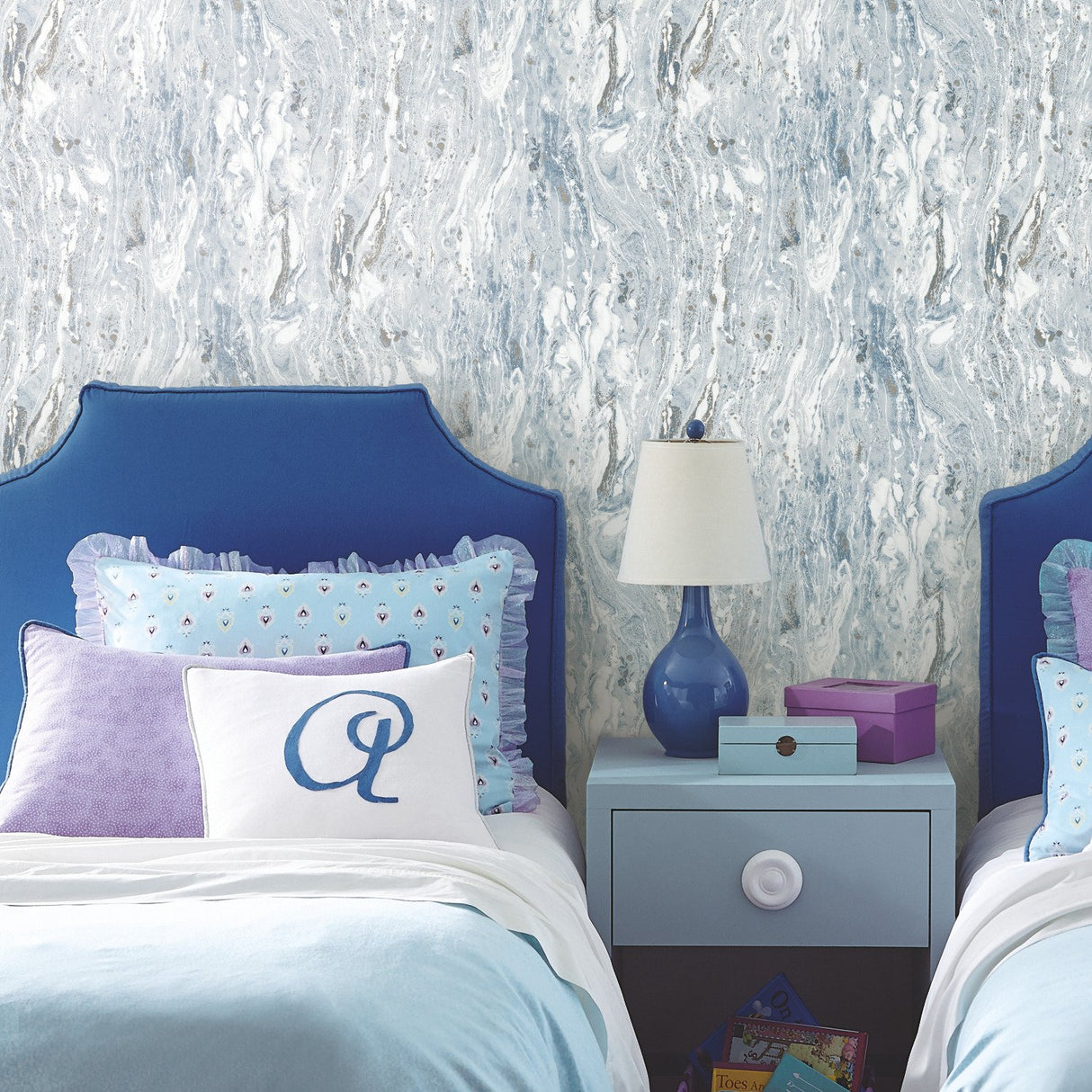 Marble Seas Blue Peel & Stick Wallpaper with Metallic Accents, Abstract Texture Pattern, Modern - York RMK11279WP