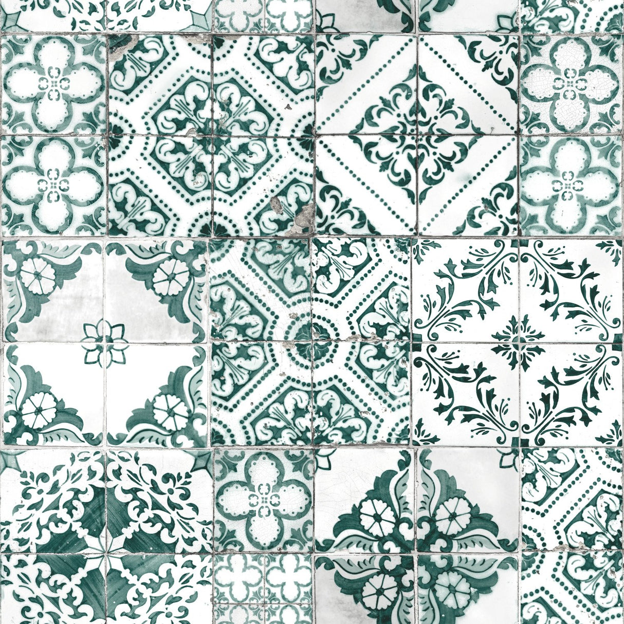 Mediterranean Tile Teal Peel & Stick Wallpaper with Global Tiles Pattern, Modern Style - York RMK11281WP