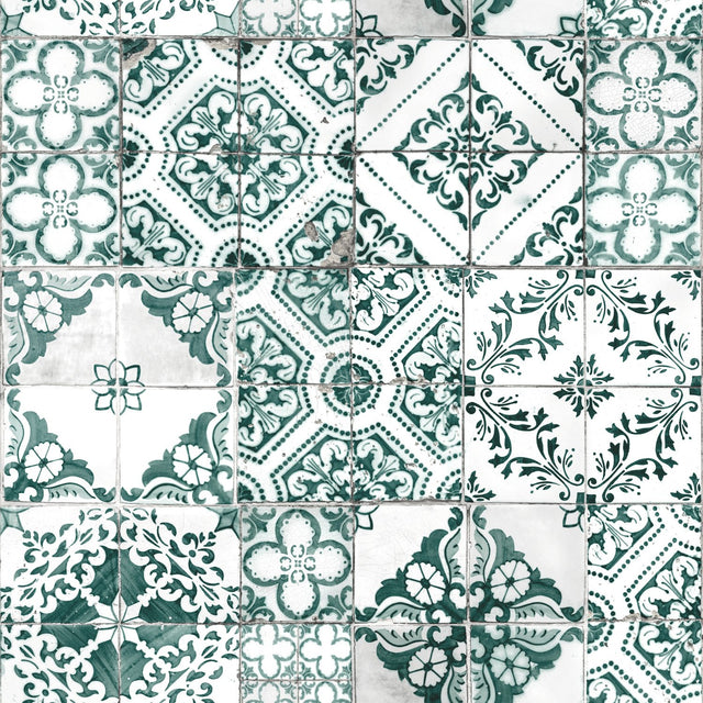 Mediterranean Tile Teal Peel & Stick Wallpaper with Global Tiles Pattern, Modern Style - York RMK11281WP