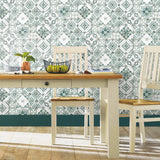 Mediterranean Tile Teal Peel & Stick Wallpaper with Global Tiles Pattern, Modern Style - York RMK11281WP