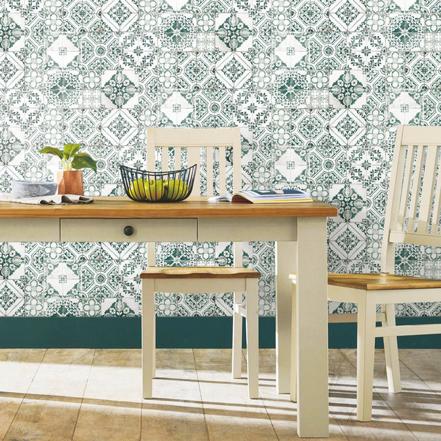 Mediterranean Tile Teal Peel & Stick Wallpaper with Global Tiles Pattern, Modern Style - York RMK11281WP