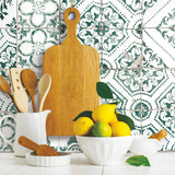 Mediterranean Tile Teal Peel & Stick Wallpaper with Global Tiles Pattern, Modern Style - York RMK11281WP
