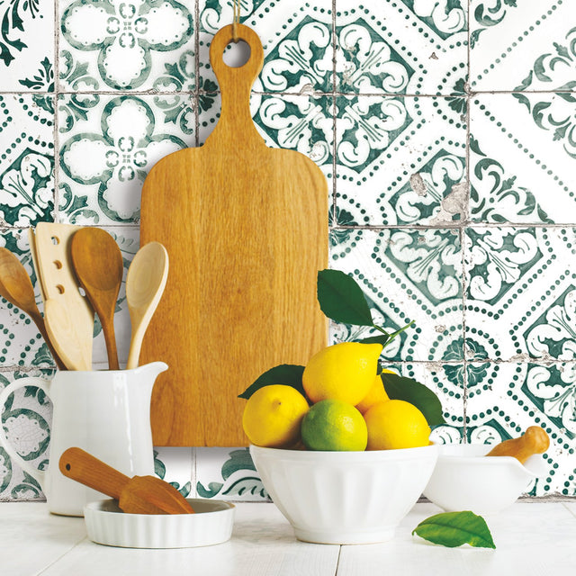 Mediterranean Tile Teal Peel & Stick Wallpaper with Global Tiles Pattern, Modern Style - York RMK11281WP