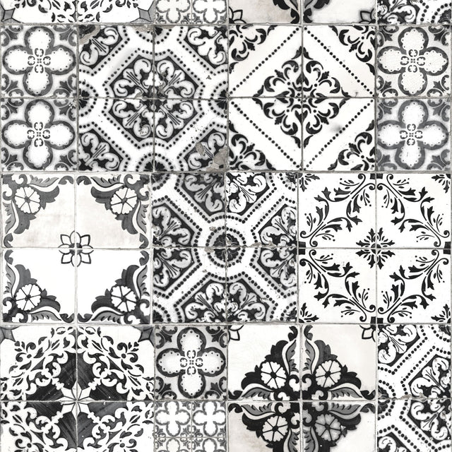 Mediterranean Tile Black Peel & Stick Wallpaper with Global Tiles Pattern, Modern Style - York RMK11282WP