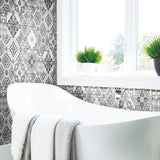 Mediterranean Tile Black Peel & Stick Wallpaper with Global Tiles Pattern, Modern Style - York RMK11282WP