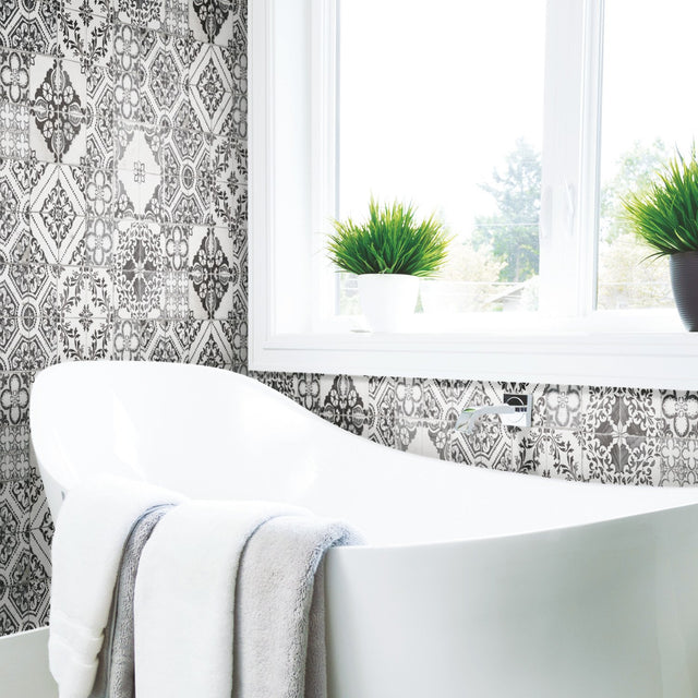 Mediterranean Tile Black Peel & Stick Wallpaper with Global Tiles Pattern, Modern Style - York RMK11282WP
