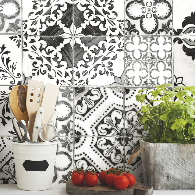 Mediterranean Tile Black Peel & Stick Wallpaper with Global Tiles Pattern, Modern Style - York RMK11282WP