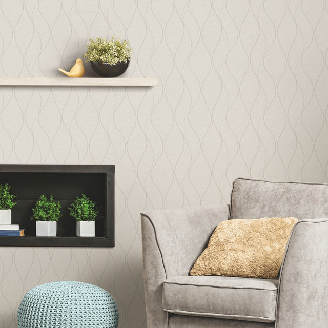 Wave Ogee Beige Peel & Stick Wallpaper with Metallic Geometric Pattern - RoomMates RMK11292WP