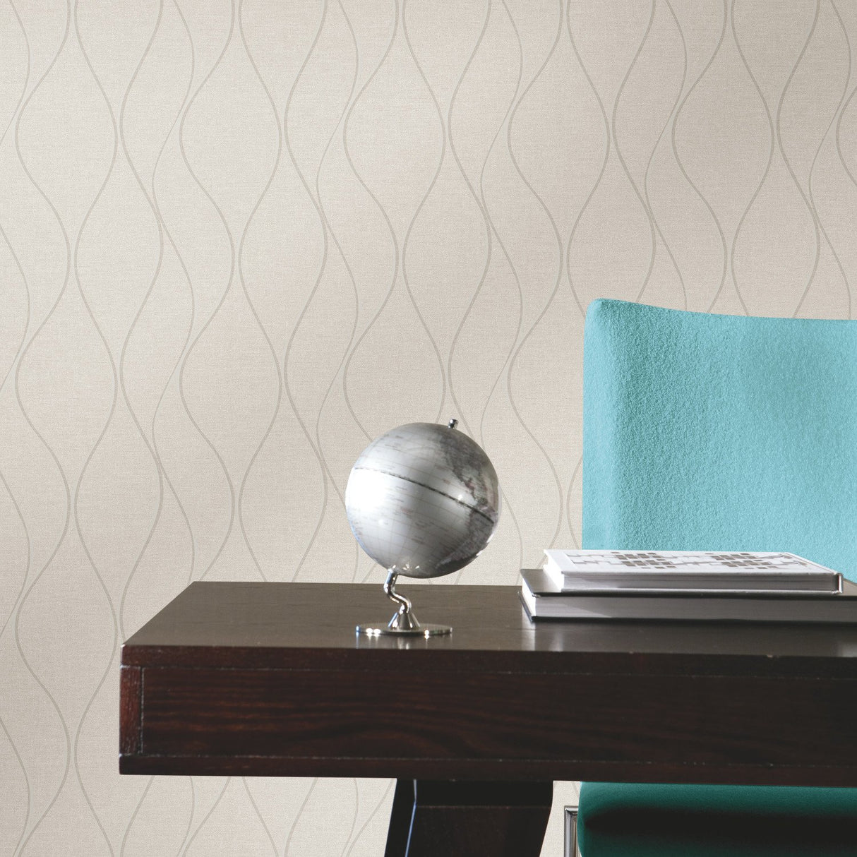 Wave Ogee Beige Peel & Stick Wallpaper with Metallic Geometric Pattern - RoomMates RMK11292WP