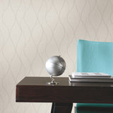 Wave Ogee Beige Peel & Stick Wallpaper with Metallic Geometric Pattern - RoomMates RMK11292WP