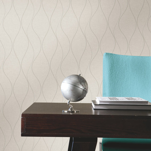 Wave Ogee Beige Peel & Stick Wallpaper with Metallic Geometric Pattern - RoomMates RMK11292WP