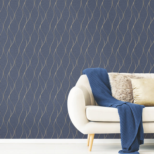Wave Ogee Blue Peel & Stick Wallpaper with Metallic Geometric Glam Style - RoomMates RMK11293WP