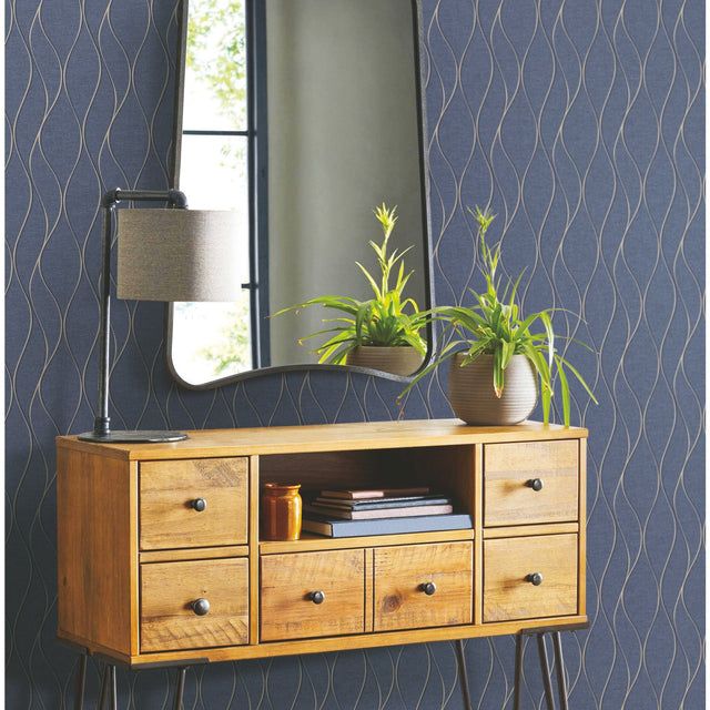 Wave Ogee Blue Peel & Stick Wallpaper with Metallic Geometric Glam Style - RoomMates RMK11293WP
