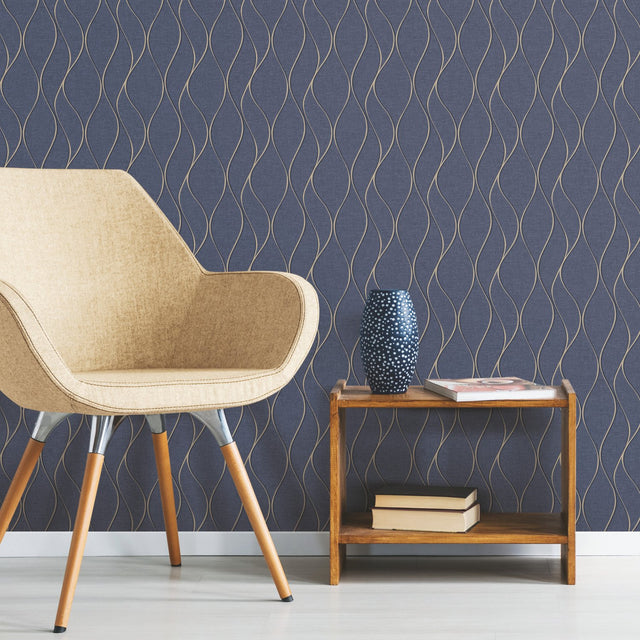Wave Ogee Blue Peel & Stick Wallpaper with Metallic Geometric Glam Style - RoomMates RMK11293WP