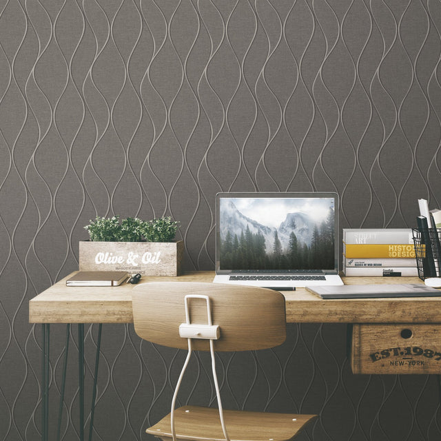 Wave Ogee Grey Peel & Stick Wallpaper with Metallic Geometric Motif - York RMK11294WP