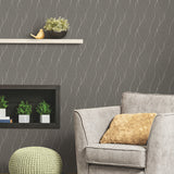 Wave Ogee Grey Peel & Stick Wallpaper with Metallic Geometric Motif - York RMK11294WP