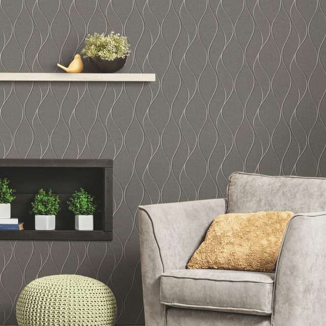 Wave Ogee Grey Peel & Stick Wallpaper with Metallic Geometric Motif - York RMK11294WP