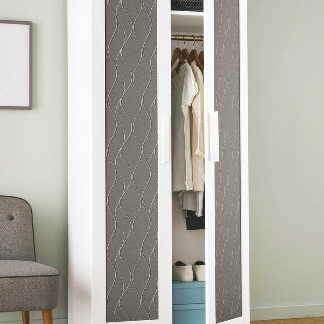 Wave Ogee Grey Peel & Stick Wallpaper with Metallic Geometric Motif - York RMK11294WP