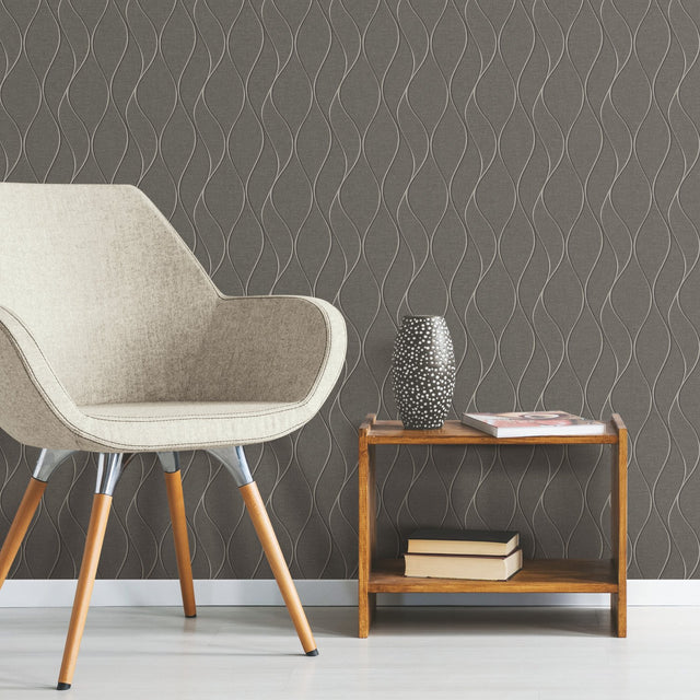 Wave Ogee Grey Peel & Stick Wallpaper with Metallic Geometric Motif - York RMK11294WP
