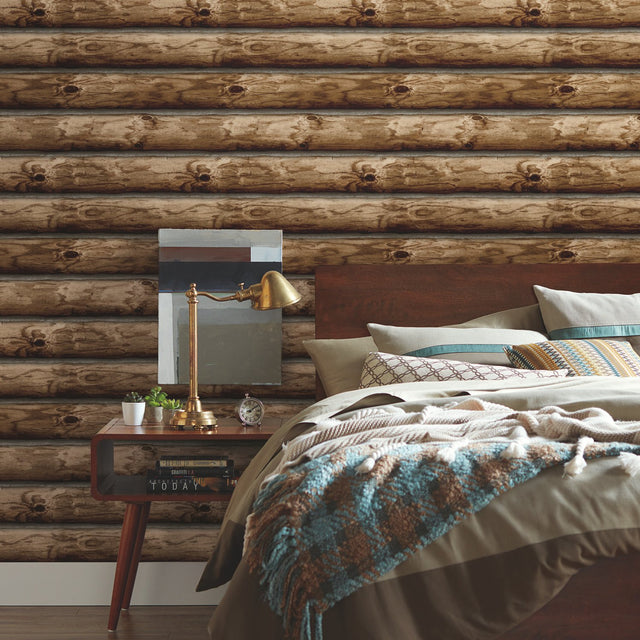 Cabin Logs Brown Peel & Stick Wallpaper with Rustic Wood Log Pattern - York RMK11308WP