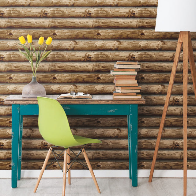Cabin Logs Brown Peel & Stick Wallpaper with Rustic Wood Log Pattern - York RMK11308WP