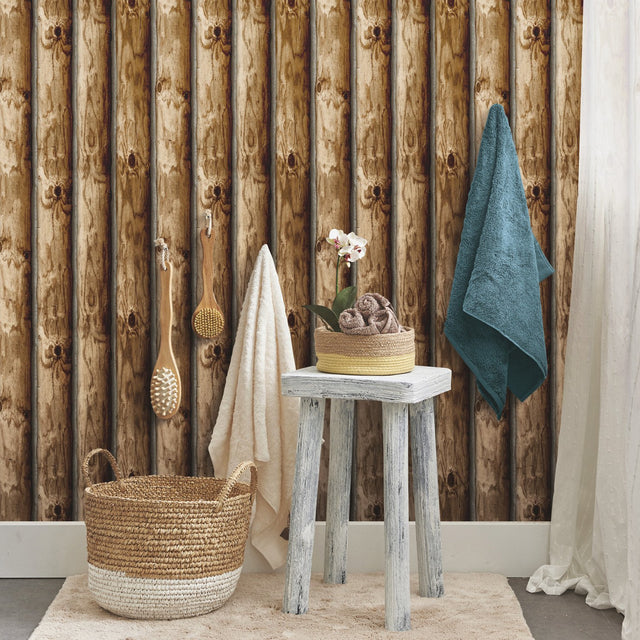 Cabin Logs Brown Peel & Stick Wallpaper with Rustic Wood Log Pattern - York RMK11308WP