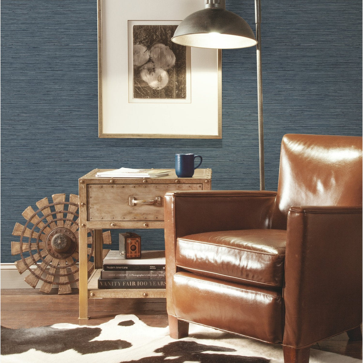 Faux Grasscloth Blue Peel & Stick Wallpaper with Faux Grasscloth Pattern, Traditional Style - York RMK11314WP SAMPLE