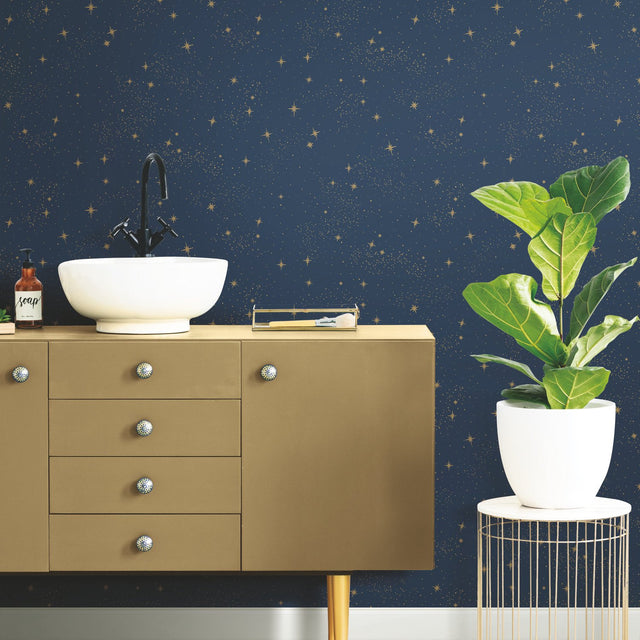 Upon A Star Navy Peel & Stick Wallpaper with Metallic Stars - York RMK11319WP
