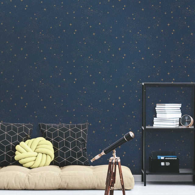 Upon A Star Navy Peel & Stick Wallpaper with Metallic Stars - York RMK11319WP