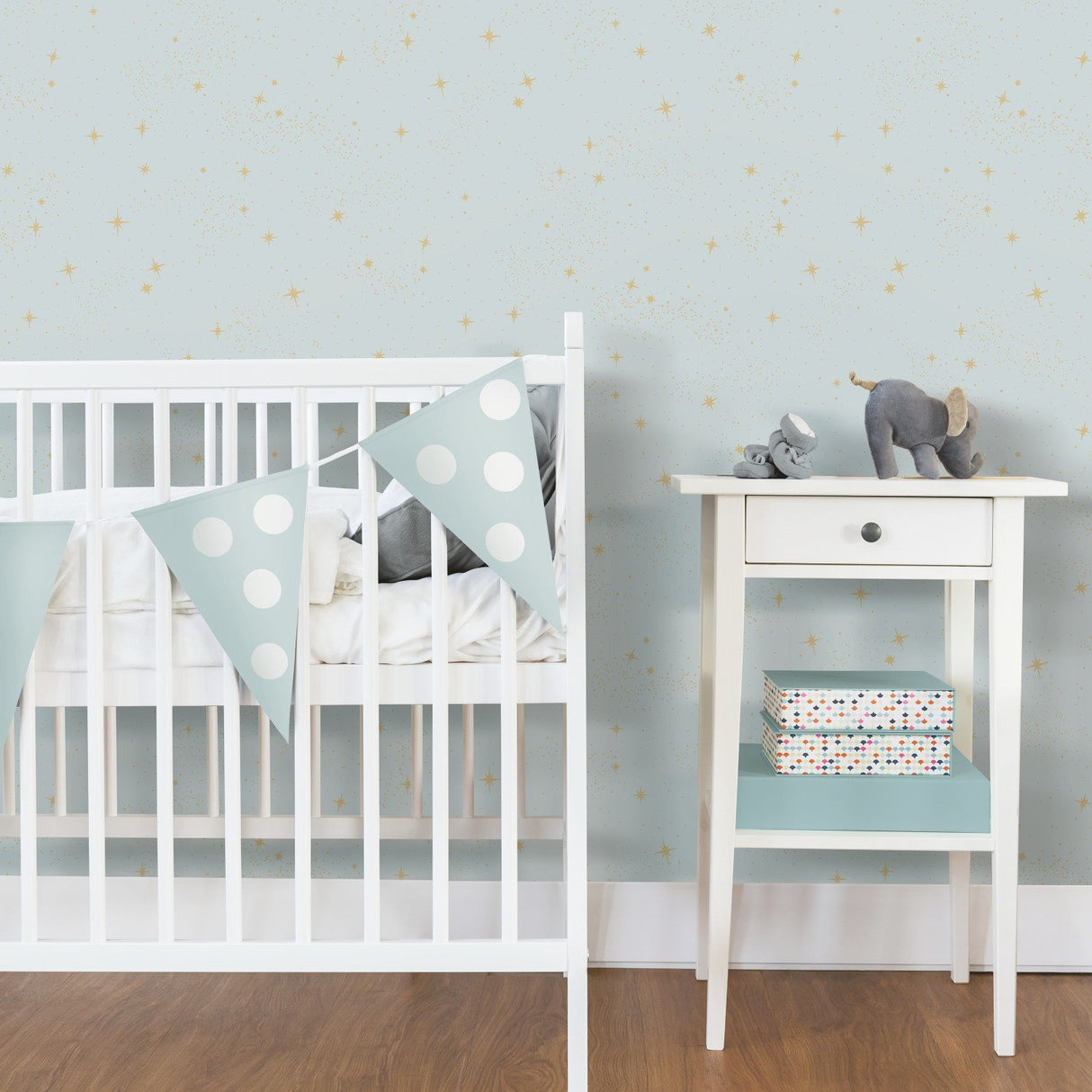 Upon A Star Blue Peel & Stick Wallpaper with Metallic Starburst Pattern - York RMK11320WP