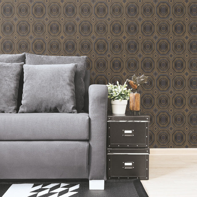 Bees Knees Black Metallic Peel & Stick Wallpaper with Geometric Art Deco Pattern - York RMK11324WP