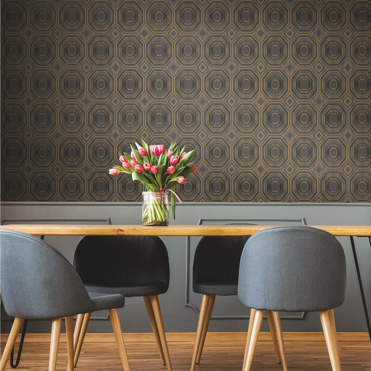 Bees Knees Black Metallic Peel & Stick Wallpaper with Geometric Art Deco Pattern - York RMK11324WP