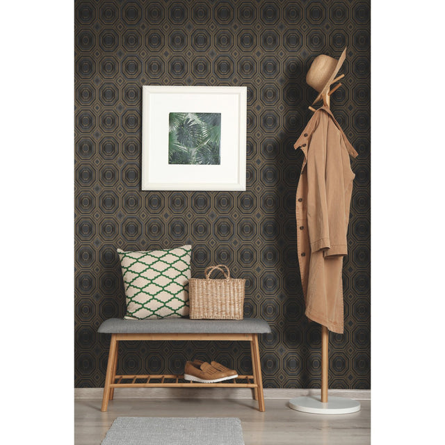 Bees Knees Black Metallic Peel & Stick Wallpaper with Geometric Art Deco Pattern - York RMK11324WP