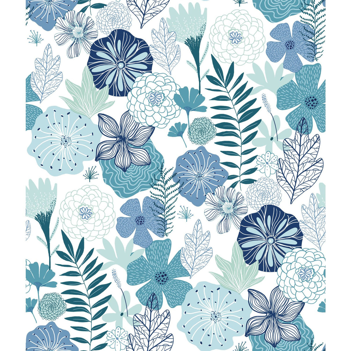 Perennial Blooms Blue Peel & Stick Wallpaper with Modern Botanical Floral Pattern - York RMK11325WP