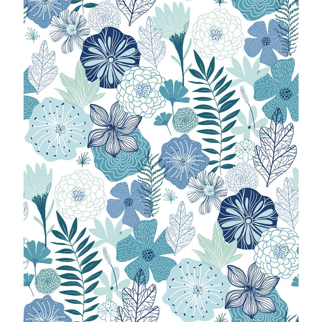 Perennial Blooms Blue Peel & Stick Wallpaper with Modern Botanical Floral Pattern - York RMK11325WP