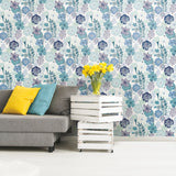 Perennial Blooms Blue Peel & Stick Wallpaper with Modern Botanical Floral Pattern - York RMK11325WP