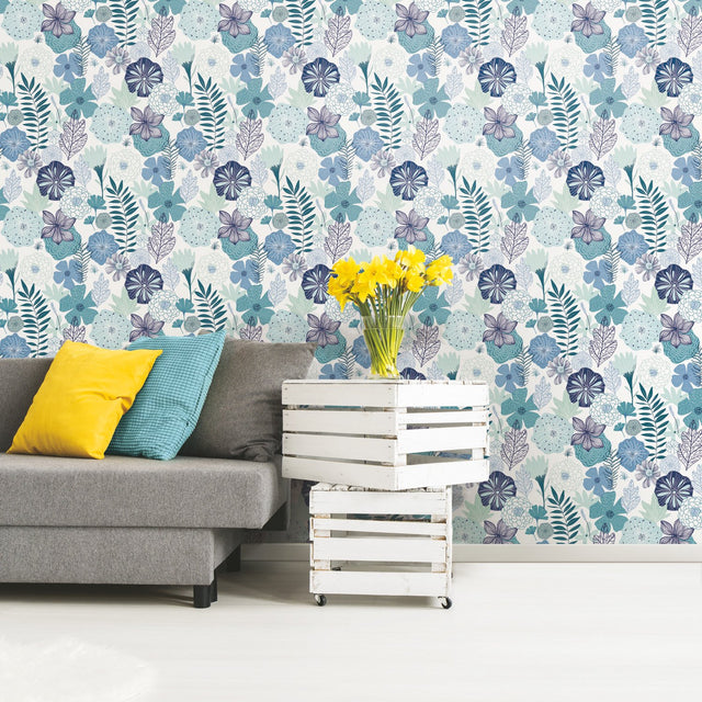 Perennial Blooms Blue Peel & Stick Wallpaper with Modern Botanical Floral Pattern - York RMK11325WP