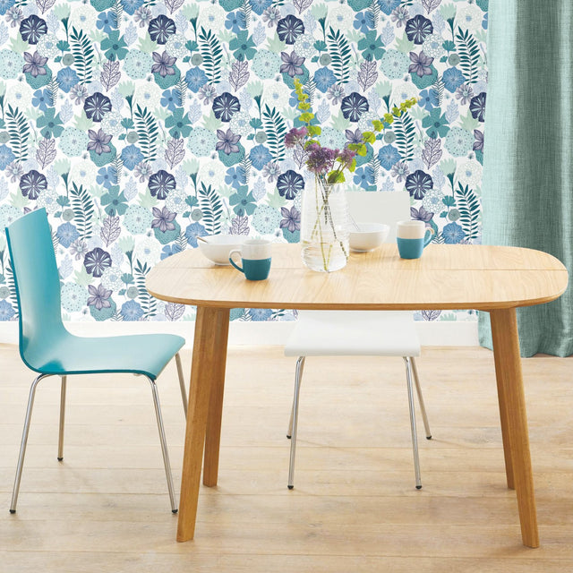 Perennial Blooms Blue Peel & Stick Wallpaper with Modern Botanical Floral Pattern - York RMK11325WP