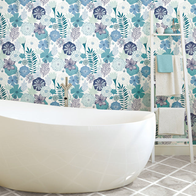 Perennial Blooms Blue Peel & Stick Wallpaper with Modern Botanical Floral Pattern - York RMK11325WP