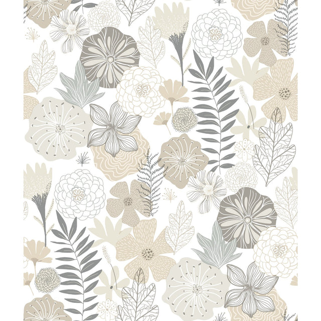 Perennial Blooms Beige Peel & Stick Wallpaper with Modern Botanical Floral Pattern - York RMK11326WP