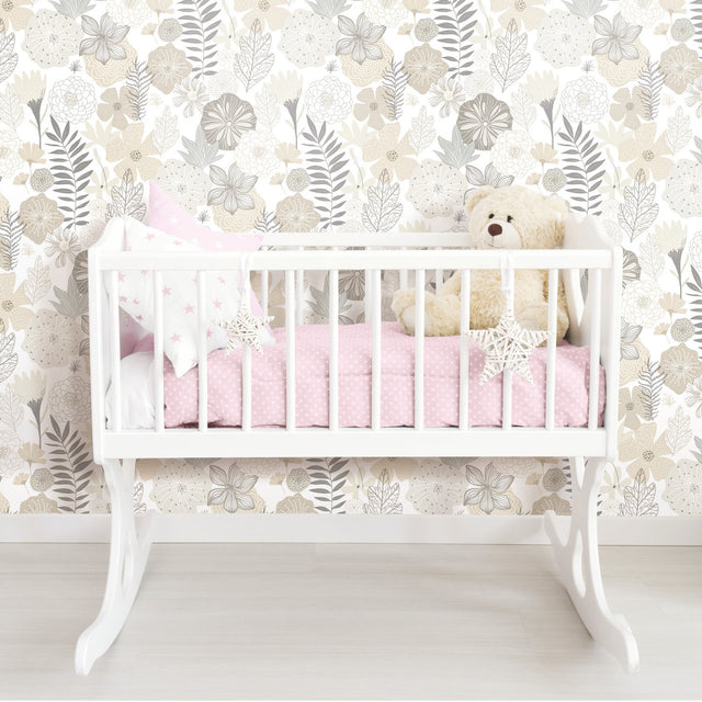Perennial Blooms Beige Peel & Stick Wallpaper with Modern Botanical Floral Pattern - York RMK11326WP