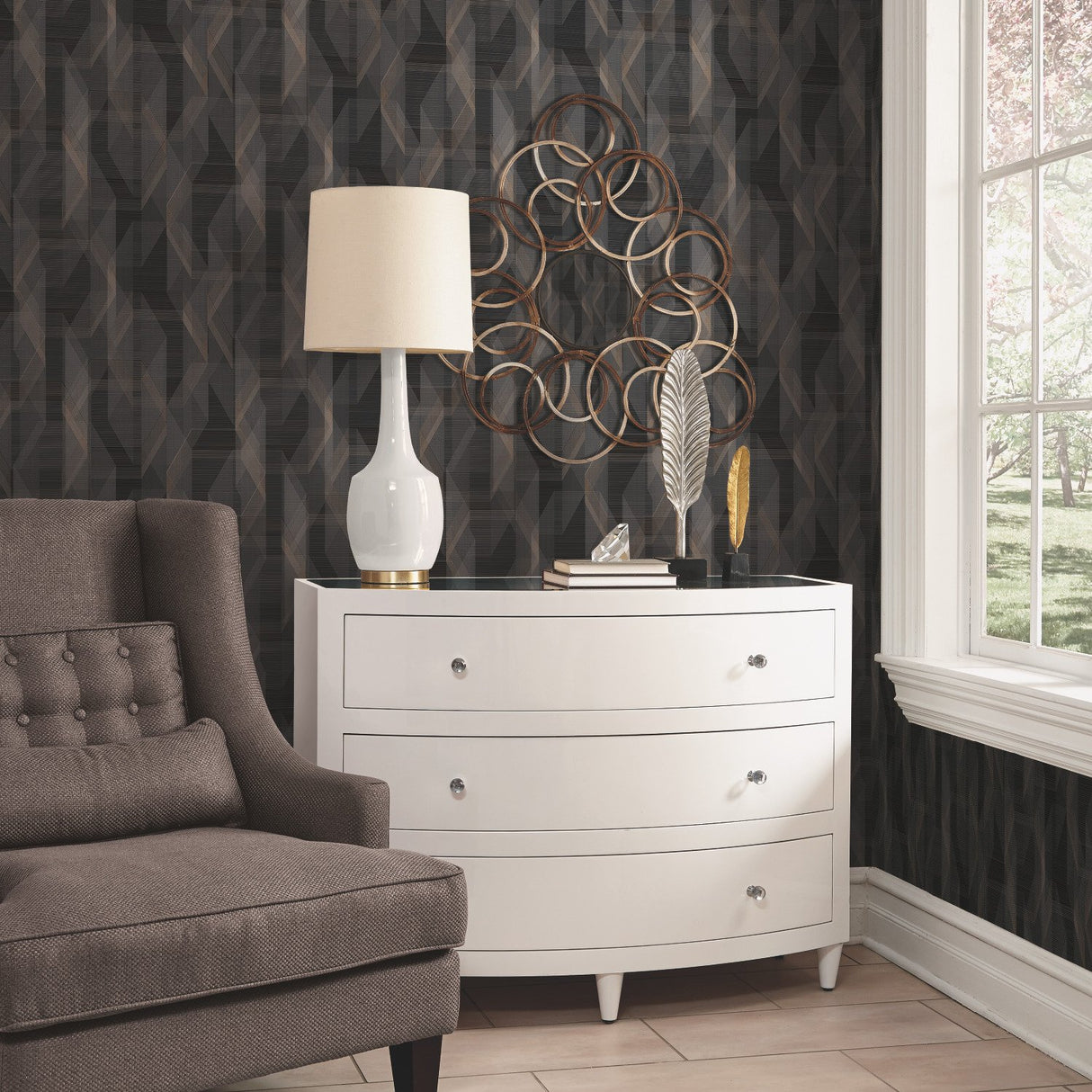Debonair Geometric Black Peel & Stick Wallpaper with Modern Global Geometric Pattern - York RMK11349RL