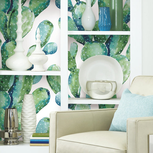 Prickly Pear Cactus Blue Peel & Stick Wallpaper with Modern Botanical Watercolor Pattern - York RMK11351WP