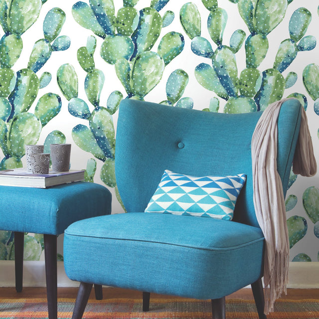 Prickly Pear Cactus Blue Peel & Stick Wallpaper with Modern Botanical Watercolor Pattern - York RMK11351WP